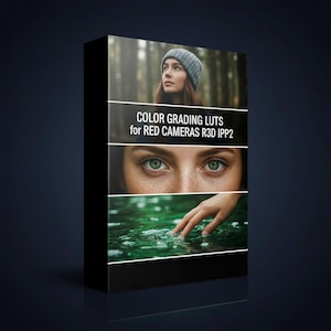 Op de afbeelding: Een zwarte doos met de tekst "COLOR GRADING LUTS for RED CAMERAS R3D IPP2". De doos bevat afbeeldingen van een vrouw in een bos, close-ups van groene ogen en een hand die water aanraakt. Het algemene thema is gerelateerd aan fotografie en videobewerking.