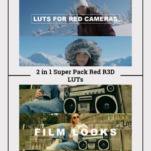 Op de afbeelding: Een collage van afbeeldingen die filmlooks voor Red-camera's laten zien. De bovenste afbeelding toont een vrouw in een winterscene met de tekst "LUTS FOR RED CAMERAS". De middelste afbeelding toont een vrouw in een winterscene met de tekst "2 in 1 Super Pack Red R3D LUTS". De onderste afbeelding toont een vrouw die op een trap zit met een ghettoblaster en de tekst "FILM LOOKS".