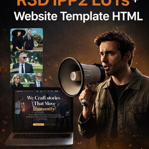 Op de afbeelding: Promotieafbeelding voor website templates en videobewerkingstools. De afbeelding toont een man met een megafoon, een laptop met een website en de tekst "My Red Cameras R3D IPP2 LUTS + Website Template HTML."