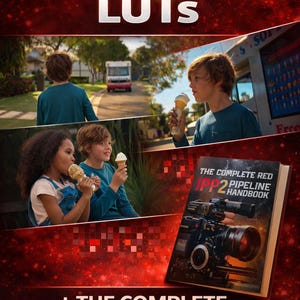 Op de afbeelding: Promotieafbeelding met de tekst "RED CAMERA LUTS" en "+ THE COMPLETE RED IPP2 PIPELINE HANDBOOK." De afbeelding toont drie kinderen die ijsjes eten, met een boek getiteld "THE COMPLETE RED IPP2 PIPELINE HANDBOOK" op de voorgrond.