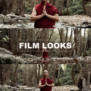 Op de afbeelding: Een man in een rode robe mediteert in een bosrijke omgeving. De afbeelding is in drie delen verdeeld, waarbij het bovenste deel het gezicht van de man en de tekst "THIAGO V. BESPI" laat zien, het middelste deel de benen van de man en de tekst "FILM LOOKS" en het onderste deel het hele lichaam van de man en de tekst "LUTS FOR RED R3D IPP2 WORKFLOW".