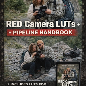 Op de afbeelding: Promotieafbeelding voor "RED Camera LUTS + Pipeline Handbook" door Thiago VibesP. De afbeelding toont twee mensen die een RED-camera gebruiken in de buitenlucht. Tekst bevat "+ Includes LUTS for RED IPP2 Workflow" en "eBook".