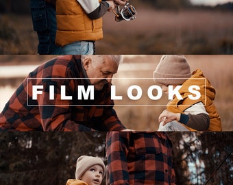 May include: A father and son fishing together in a wooded area. The father is wearing a red and black checked shirt and the son is wearing a yellow waistcoat. The text "THIAGO VIBESP" is at the top of the image. The text "FILM LOOKS" is in the middle of the image. The text "LUTS FOR SONY SLOG VIDEOS" is at the bottom of the image.