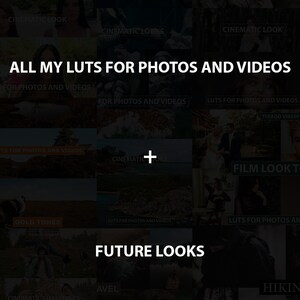 May include: A collage of images showcasing a collection of LUTs for photos and videos. The text "ALL MY LUTS FOR PHOTOS AND VIDEOS" is displayed in large white letters against a black background. The images include a variety of landscapes, portraits, and other scenes.