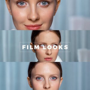 Op de afbeelding: Een vrouw met lichtbruin haar en blauwe ogen is te zien in drie afbeeldingen. De bovenste afbeelding heeft de tekst "THIAGO VIBESP" in witte letters. De middelste afbeelding heeft de tekst "FILM LOOKS" in witte letters. De onderste afbeelding heeft de tekst "PRESETS FOR PREMIERE PRO" in witte letters.