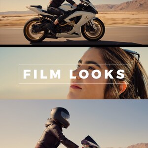 Könnte beinhalten: Eine Frau fährt ein weißes Motorrad in einer Wüstenlandschaft. Der Text "THIAGO VIBESP" befindet sich oben im Bild. Der Text "FILM LOOKS" befindet sich in der Mitte des Bildes. Der Text "PRESETS FOR PREMIERE PRO" befindet sich unten im Bild.