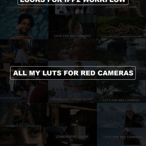 May include: A collage of images showcasing a collection of color grading looks for RED cameras. The looks are designed for use with the IPP2 workflow and are already converted to REC709 color space. The text "LOOKS FOR IPP2 WORKFLOW" appears at the top of the image.