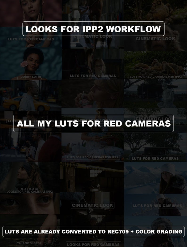 May include: A collage of images showcasing a collection of color grading looks for RED cameras. The looks are designed for use with the IPP2 workflow and are already converted to REC709 color space. The text "LOOKS FOR IPP2 WORKFLOW" appears at the top of the image.