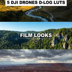 Könnte beinhalten: Ein zusammengesetztes Bild mit drei Landschaftsansichten. Das obere Bild zeigt den Text "5 DJI DRONES D-LOG LUTS". Das mittlere Bild zeigt "FILM LOOKS". Das untere Bild zeigt "THE ULTIMATE GUIDE TO D-LOG COLOR GRADING FOR DJI DRONES EBOOK".