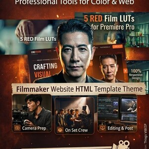Op de afbeelding: Promotionele afbeelding voor een cinematic filmmaker bundle. De afbeelding toont een centraal portret van een man, omringd door tekst en afbeeldingen die professionele tools voor kleur en web promoten. Bevat "5 RED Film LUTs" en "Filmmaker Website HTML Template Theme".