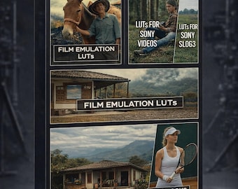 May include: A black box with the text "LUTS Pack" and several images. The images include a man with a donkey, a person sitting in a forest, a house, and a woman with a tennis racket. Text on the box reads "BMPCC 4K & 6K" and "ALL SONY Slog3".