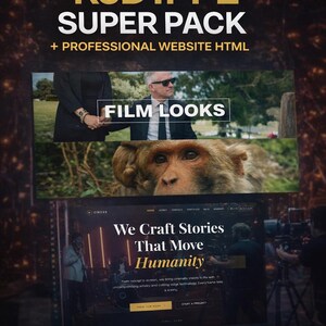Op de afbeelding: Promotieafbeelding voor RED Cameras R3D IPP2 Super Pack, inclusief een professionele website HTML-sjabloon. De afbeelding bevat de tekst "FILM LOOKS" en een website-ontwerp met de tekst "We Craft Stories That Move Humanity."