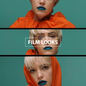 Op de afbeelding: Een vrouw met kort blond haar draagt een feloranje hoodie en blauwe lippenstift. De tekst "THIAGO VIBESP", "FILM LOOKS" en "LUTS FOR RED R3D IPP2 WORKFLOW" is zichtbaar in de afbeelding.