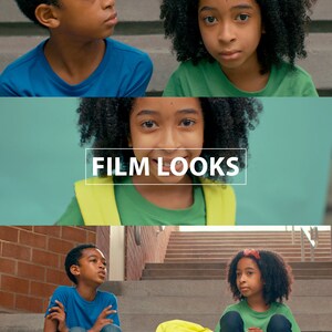 May include: Two children, one wearing a blue shirt and the other wearing a green shirt, pose for a photo. The text "THIAGO VIBESP" is at the top of the image. The text "FILM LOOKS" is in the middle of the image. The text "LUTS FOR BMPC LUT" is at the bottom of the image.