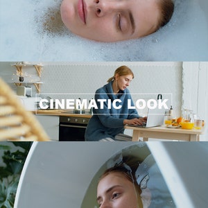 May include: A woman in a bathtub with bubbles, a woman working on a laptop in a kitchen, and a woman in a bathtub with bubbles. The text "CINEMATIC LOOK" and "LUTS FOR BMPC" are on the images.