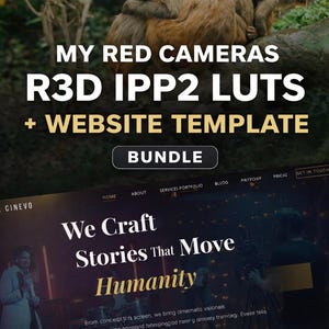 Op de afbeelding: Afbeelding die een professioneel LUT-pakket voor RED R3D IPP2 workflow promoot, inclusief een website template. De afbeelding toont apen en een website ontwerp met de tekst "We Craft Stories That Move Humanity."