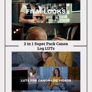 May include: A collage of images showcasing film looks and LUTs for Canon Log videos. The text "FILM LOOKS" and "LUTS FOR CANON-LOG VIDEOS" is displayed in white text on a black background. The text "2 in 1 Super Pack Canon Log LUTs" is displayed in white text on a black background.