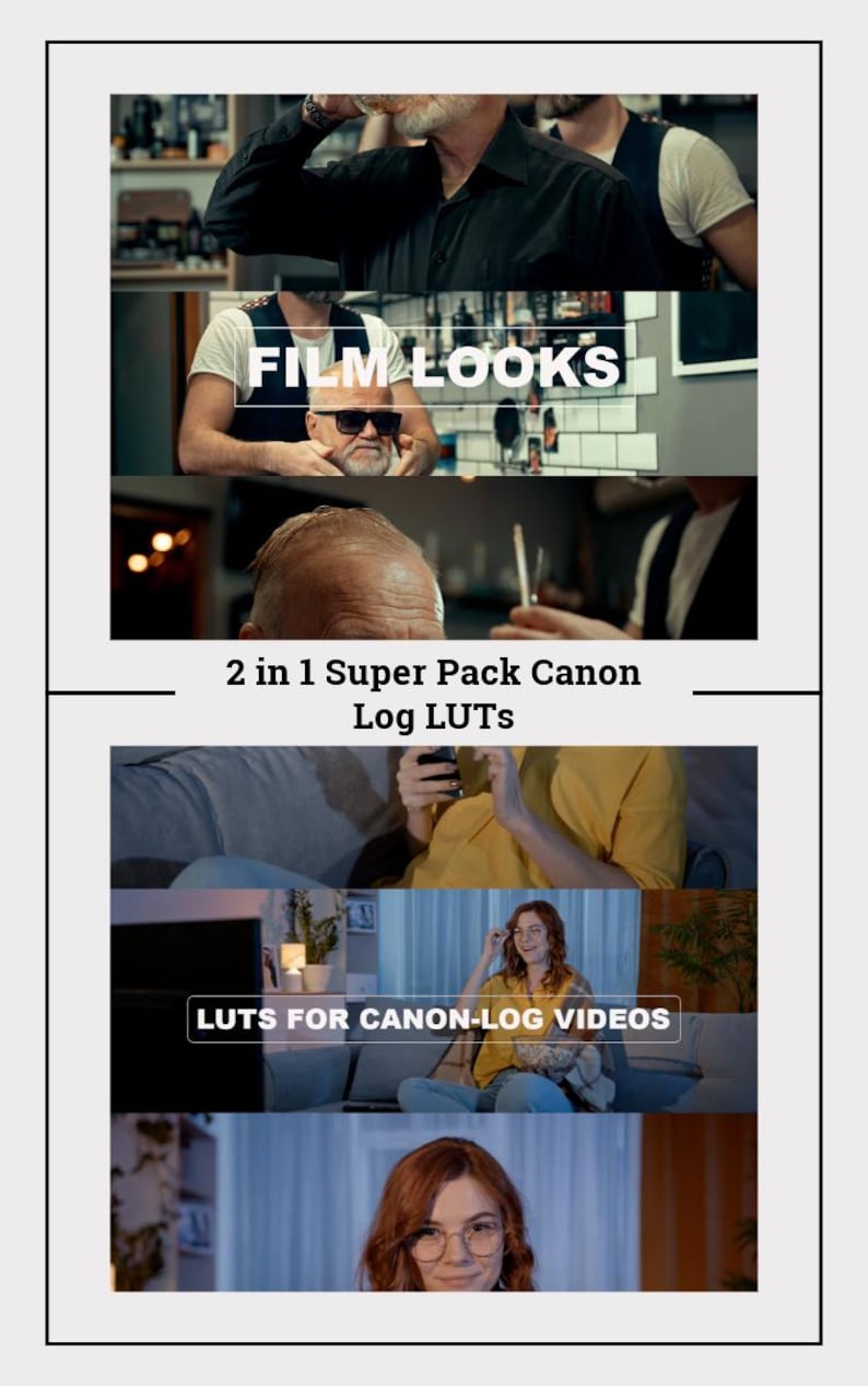 May include: A collage of images showcasing film looks and LUTs for Canon Log videos. The text "FILM LOOKS" and "LUTS FOR CANON-LOG VIDEOS" is displayed in white text on a black background. The text "2 in 1 Super Pack Canon Log LUTs" is displayed in white text on a black background.