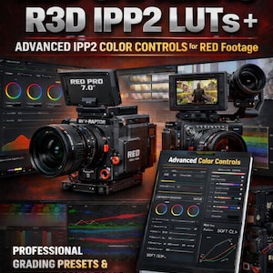 Op de afbeelding: Promotieafbeelding voor RED-camera's, met de tekst "ALL MY RED CAMERAS R3D IPP2 LUTS+". De afbeelding toont professionele videoapparatuur, waaronder een RED-camera, monitoren en software voor kleurcontrole. De tekst vermeldt ook "Advanced IPP2 Color Controls".