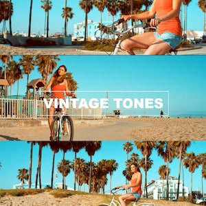 Op de afbeelding: Drie afbeeldingen van een vrouw die op een fiets rijdt op een strand met palmbomen. De eerste afbeelding heeft de tekst "THIAGO VIBESP" erop. De tweede afbeelding heeft de tekst "VINTAGE TONES" erop. De derde afbeelding heeft de tekst "LUTS FOR RED R3D IPP2" erop.