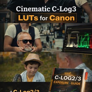 May include: A digital product bundle featuring Cinematic C-Log3 LUTs for Canon and a C-LOG2/3 EXPOSURE GUIDE in PDF format. The imagery displays video editing software interfaces with color grading scopes and graphs alongside various cinematic scenes.