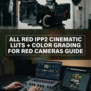 Op de afbeelding: Een professionele videoproductie-opstelling met een RED-camera, een laptop met kleurcorrectiesoftware en een tablet. De afbeelding bevat de tekst "ALL RED IPP2 CINEMATIC LUTS + COLOR GRADING FOR RED CAMERAS GUIDE" en "PROFESSIONAL WORKFLOW BUNDLE & PDF GUIDE."