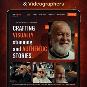 Op de afbeelding: Promotieafbeelding voor Canon C-Log 3 LUTs Pack en Website HTML Template voor content creators en videografen. De afbeelding toont een website-ontwerp met de tekst "Crafting Visually Stunning and Authentic Stories."