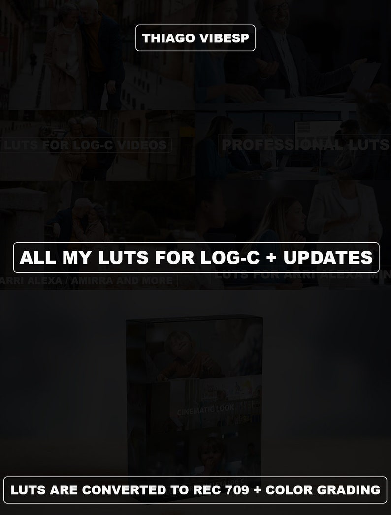 May include: A collection of cinematic LUTs for Log-C video footage. The LUTs are converted to Rec 709 and include color grading. The image shows a variety of scenes, including people walking in a city, a group of people in a meeting, and a person looking at a camera.