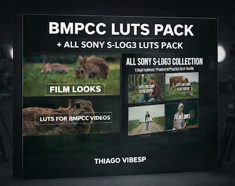 May include: A black box with the text "BMPCC LUTS PACK + ALL SONY S-LOG3 LUTS PACK". The box includes images with the text "FILM LOOKS" and "LUTS FOR BMPCC VIDEOS". Additional images display "ALL SONY S-LOG3 COLLECTION".