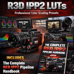 Könnte beinhalten: Werbebild für RED-Kameras, R3D IPP2 LUTs und professionelle Farbkorrektur-Presets. Das Bild zeigt eine RED-Kamera, einen Monitor mit Video und ein Buch mit dem Titel "The Complete RED IPP2 Pipeline Handbook". Der Text enthält "Master the RED IPP2 Workflow!"