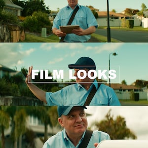 Op de afbeelding: Een man in een blauw shirt en een blauwe pet bezorgt post. Hij houdt een klembord en een pakket vast. De tekst "THIAGO VIBESP" staat bovenaan de afbeelding. De tekst "FILM LOOKS" staat in het midden van de afbeelding. De tekst "LUTS FOR RED R3D IPP2 WORKFLOW" staat onderaan de afbeelding.
