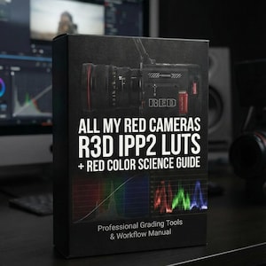 Op de afbeelding: Een zwarte doos met de tekst "ALL MY RED CAMERAS R3D IPP2 LUTS + RED COLOR SCIENCE GUIDE" en "Professional Grading Tools & Workflow Manual". De doos toont een RED camera en kleuren grafieken.