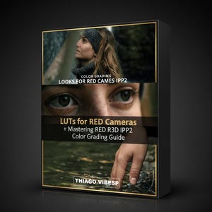 Op de afbeelding: Een zwarte doos met gouden randen met afbeeldingen en tekst. De tekst bevat "COLOR GRADING LOOKS FOR RED CAMES IPP2" en "LUTs for RED Cameras + Mastering RED R3D IPP2 Color Grading Guide". De naam "THIAGO VIBESP" is ook zichtbaar.