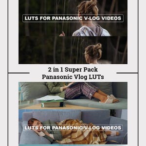 以下が含まれることがあります： さまざまな設定の女性をフィーチャーした画像のコラージュ。画像には「LUTS FOR PANASONIC V-LOG VIDEOS」というテキストが2回表示されます。「2 in 1 Super Pack Panasonic Vlog LUTS」というテキストが1回表示されます。