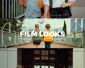 May include: Three children wearing backpacks walk on a sidewalk. The children are wearing yellow and green backpacks. The text "FILM LOOKS" is in the middle of the image. The text "PRESETS FOR ADOBE PREMIERE PRO" is at the bottom of the image.