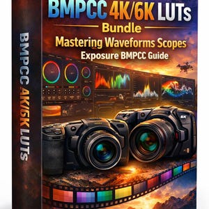 May include: A product box titled "ALL BMPCC 4K/6K LUTS Bundle" with text "Mastering Waveforms Scopes Exposure BMPCC Guide." The image features two black cameras, colourful waveform displays, and a landscape scene with a person.