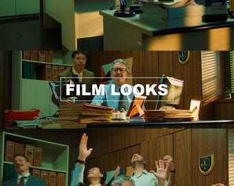 May include: A multi-panel image depicting office scenes with several people. The text "THIAGO VIBESP" appears at the top. The text "FILM LOOKS" is in the middle, and "LUTS FOR ARRI LOGC VIDEOS" is at the bottom. The scenes show people working at desks.