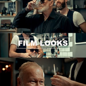 Op de afbeelding: Een man met een baard en zonnebril krijgt een knipbeurt in een kapperszaak. De tekst "FILM LOOKS" wordt boven hem weergegeven. De tekst "LUTS FOR CANON LOG 3 VIDEOS" wordt onder hem weergegeven.