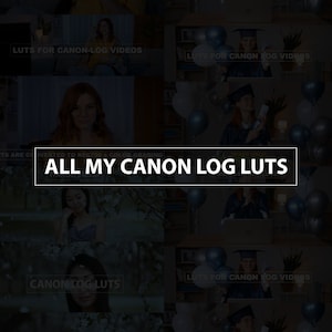 May include: A collage of images featuring a woman in a graduation cap and gown, holding a diploma, surrounded by blue and white balloons. The text "ALL MY CANON LOG LUTS" is displayed in a white box. The text "LUTS ARE CONVERTED REC709 + COLOR GRADING" is displayed in a white box at the bottom of the image.