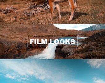 May include: A collection of three images showcasing the beauty of nature in Patagonia, Chile. The first image features a llama standing in a field of brown grass. The second image shows a waterfall cascading down a rocky cliff. The third image captures a panoramic view of snow-capped mountains against a blue sky. The text "THIAGO VIBESP", "FILM LOOKS", and "LUTS FOR SONY SLOG3 VIDEOS" are visible in the images.