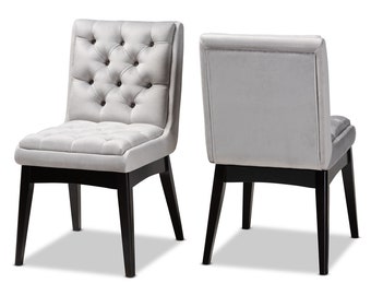 FRENCH STYLE UPHOLSTERED DINING CHAIR IN STONE WITH BUTTON BACK AND RING DETAIL
