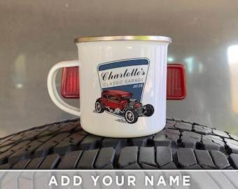 Personalized Classic Garage Enamel Mug - Custom Retro Hot Rod Gift