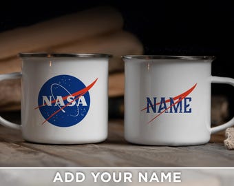 Personalized NASA Mug – Space Lover Gift – Custom Name Space Logo Cup – Outer Space Enamel Camping Mug – Astronomy Gift – Sci-Fi Fan Present