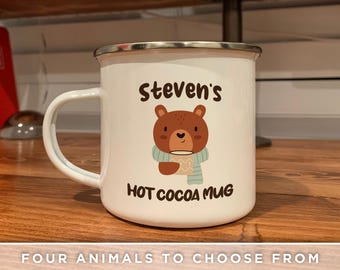 Personalized Winter Animal Mug: Custom Name Enamel Hot Cocoa Mug