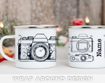 Personalized Camera Diagram Mug | Photographer Gift | Vintage Camera Patent Design | Custom Name Enamel Mug