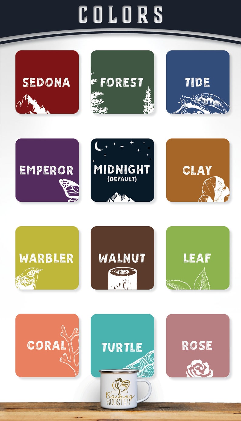 K&ouml;nnte beinhalten: Eine Tabelle mit 12 Farboptionen f&uuml;r ein Produkt, wobei jede Farbe durch ein Quadrat mit einem grafischen Bild und dem Farbnamen dargestellt wird. Die Farbnamen sind: Sedona, Forest, Tide, Emperor, Midnight (Default), Clay, Warbler, Walnut, Leaf, Coral, Turtle und Rose.