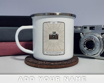 Tarot Photographer Personalized Mug – Custom Name Enamel Camping Mug for Photography Lovers