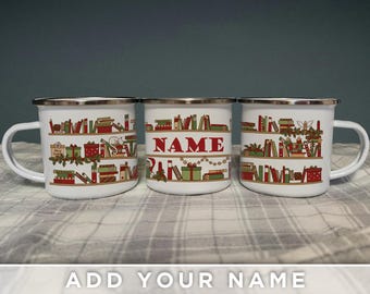 Personalized Christmas Bookshelf Mug – Cozy Book Lover Gift – Holiday Gift – Librarian Christmas Present – Bookworm Stocking Stuffer