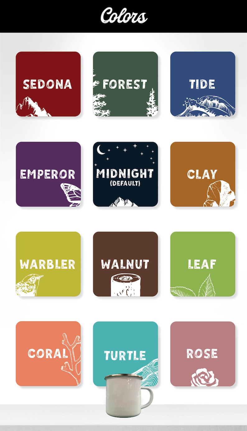 K&ouml;nnte beinhalten: Ein Set mit 12 Emailletassen in verschiedenen Farben mit von der Natur inspirierten Designs. Die Farben umfassen Sedona, Forest, Tide, Emperor, Midnight, Clay, Warbler, Walnut, Leaf, Coral, Turtle und Rose. Jede Tasse verf&uuml;gt &uuml;ber eine einzigartige Grafik, wie zum Beispiel eine Bergkette, eine Waldszene, eine Welle, einen Schmetterling, einen Halbmond, ein Blatt, einen Vogel, einen Baumstamm, ein Blatt, eine Korallenverzweigung, eine Schildkr&ouml;tenschale und eine Rose.
