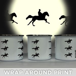 May include: Three white enamel mugs with a black silhouette of a horse and rider repeated around the mug. The mug on the right has the word "NAME" printed on it.